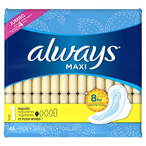 Always Feminine Pads for Women, Size 1, Regular Absorbency, with Wings, Unscented, 45 Count