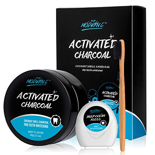 Teeth Whitening Powder Activated Charcoal Coconut -2.1oz(60g)-Teeth Whitening Kit-Bamboo Toothbrush and Teeth Floss Teeth Whitener - Tooth Powder-Oral Care Teeth Stain Remover XMAS GIFT (MINT)