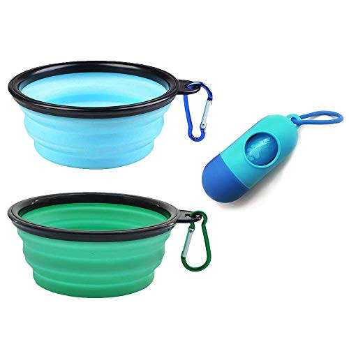 AGECASH A Collapsible Dog Bowl,Portable Travel Silicone Pet Bowl, Expandable for Dog/Cat Food Water Feeding,Including a Poop Bag Holder Dispenser and a Roll of Bags