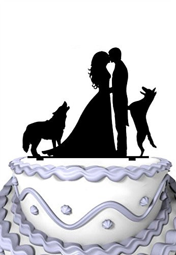 Meijiafei Wedding Silhouette Groom and Bride with 2 Big Dogs Cake Topper
