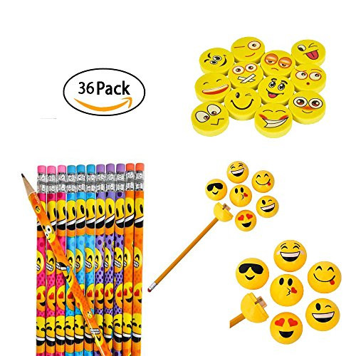 Rhode Island Novelty Emoji Party Favor and Giveaway Pencil, Eraser and Sharpener Gift Set, 36-Piece