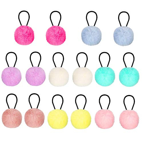 16 Pieces Pompom Ball Elastic Hair Ties,Fur Ball Fluffy Ponytail Elastic Hair Bands Seamless Hair Ropes Ponytail Holders for Women Girl Kids