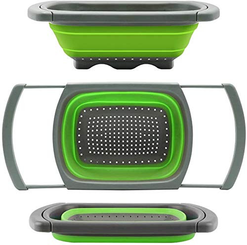 CLM Colander Collapsible, Kitchen Strainers with Extendable Handles, 1pc 6-quart Capacity Over the Sink Colander, Folding Strainer for Draining Fruit & Pasta