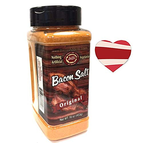 J&D's Big Pig Original Bacon Salt (Jumbo 16 Ounce Bottle + Sticker) - Low Sodium Bacon Flavored Seasoning Salt + Bacon Heart Sticker
