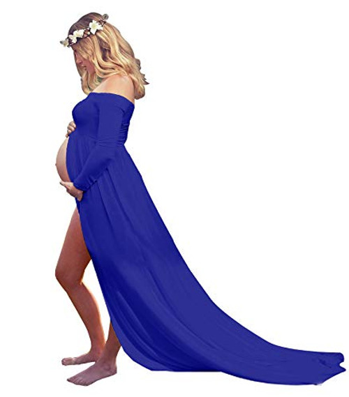 YnimioAOX Women's Off Shoulder Long Sleeve Maternity Dress for Photography Chiffon Maternity Gown for Photoshoot?A7-Navy