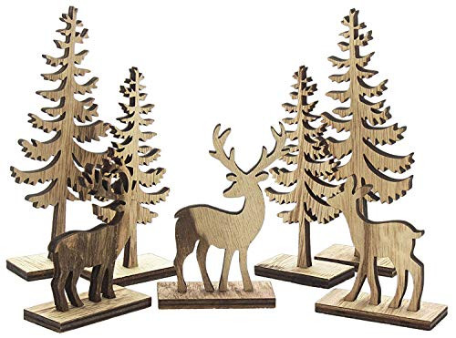 Midwest-CBK Natural Wooden Deer & Tree Figurines for Holiday Decor - Set of 7 Midwest-CBK Natural Wooden Deer & Tree Figurines for Holiday Decor - Set of 7