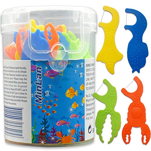 Kids Dental Floss without Fluoride, Unflavored Kids Flossers, 50 Count, Soft and High Tensile, 4 Color Marine Animals Shapes Makes Flossing Fun