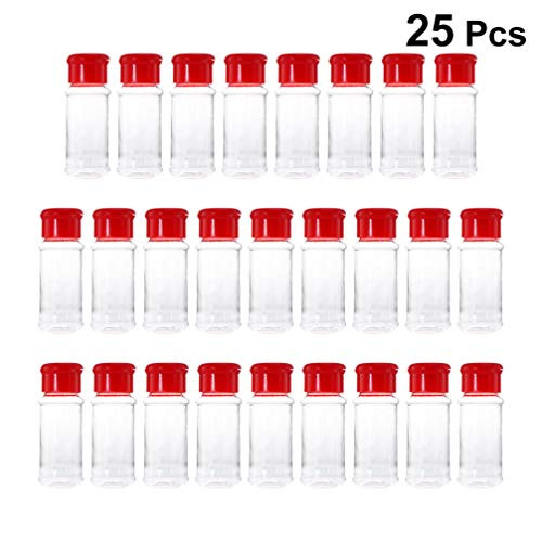 Hemoton Plastic Spice Jar 25PCS Salt Pepper Shakers Seasoning Jar Barbecue Condiment Jar Bottles Cruet Container, Spice Container Perfect for Storing Spice, Herbs and Powders (Red)