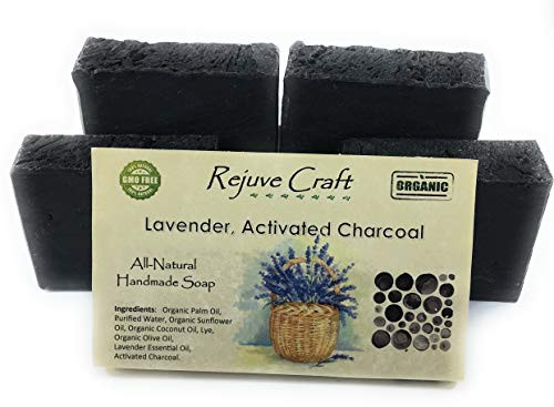 Rejuve Craft 4 Pack Lavender Activated Charcoal Soap. All Natural and Organic. Handmade in the USA. (Lavender)