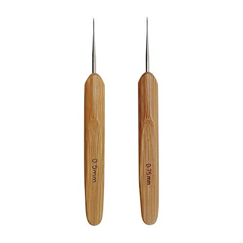 Meikeer 2pcs Dreadlocks Crochet Hooks for Hair, Locs Crochet Needle Steel Crochet Hook Lock for Braid Craft, (0.5mm and 0.75mm), Bamboo Handle