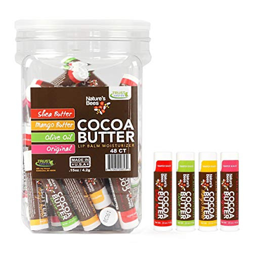 Nature's Bees, Cocoa Butter Lip Balms, Lip Moisturizer Treatment - Pack of 48, (Original Variety Assortments - Original, Olive Oil, Mango Butter, Shea Butter)