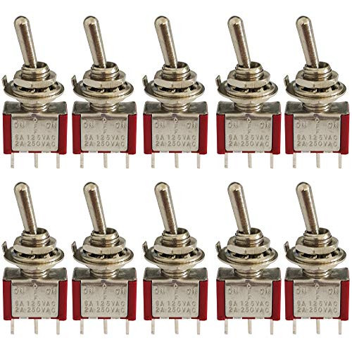 CESFONJER Mini Toggle Switch, AC 125V 6A / 250V 2A 3 Pin SPDT ON-Off-ON Locking Toggle Switch Car Boat Switches and for Arduino (Red 10 Pcs)