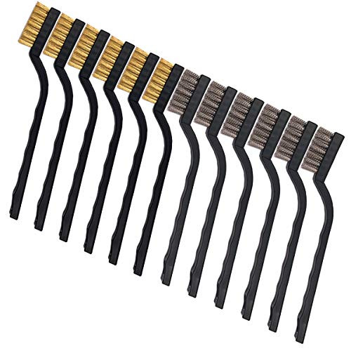 Huayao 12 pieces Scratch Brush (Stainless Steel + Brass), Curved Handle Masonry brush Wire bristle for Cleaning Welding Slag and Rust