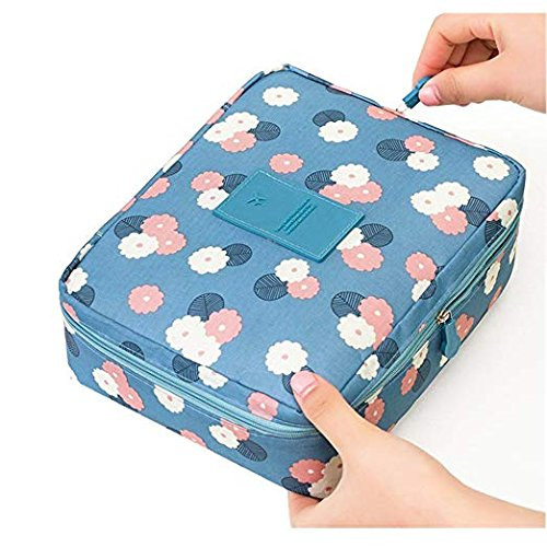 Multifunction Portable Travel Toiletry Bag,Cosmetic Bag Portable Makeup Pouch Waterproof Travel Hanging Organizer Bag for Women Girls (Blue Flowers)
