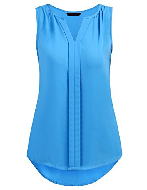 Grabsa Women's Chiffon Blouse Notch Neck Sleeveless Pleated Front Tank Top Blue Grabsa Women's Chiffon Blouse Notch Neck Sleeveless Pleated Front Tank Top Blue