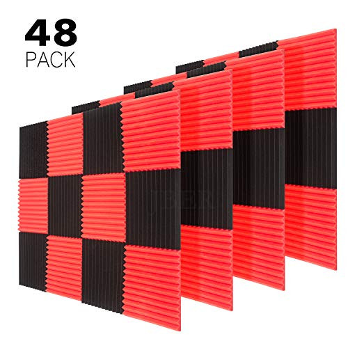 JBER 48 Pack Red/Charcoal Acoustic Panels Studio Foam Wedges Fireproof Soundproof Padding Wall Panels 1" X 12" X 12"