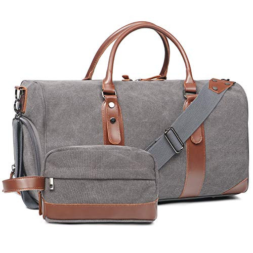 Oflamn Large Duffle Bag Canvas Leather Weekender Overnight Travel Carry On Tote Bag with Shoe Compartment and Toiletry Bag (Grey)