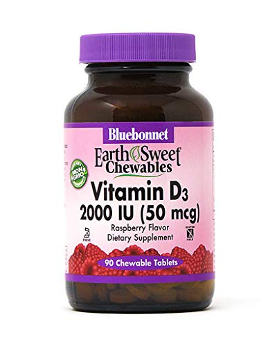 Bluebonnet Nutrition Earth Sweet Vitamin D3 2000 IU Chewable Tablets, Aids in Muscle and Skeletal Growth, D3, Non GMO, Gluten, Free, Soy Free, Milk Free, Kosher, 90 Chewable Tablets, Raspberry Flavor