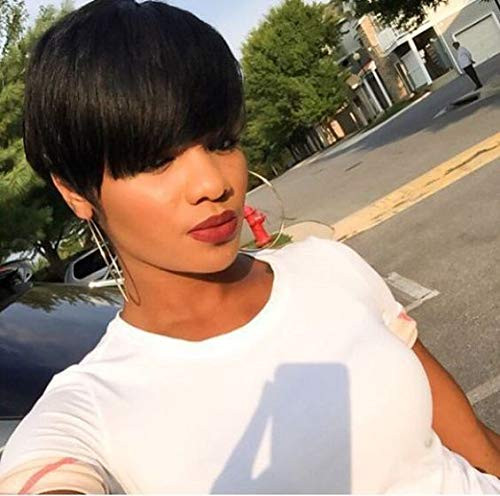 Flandi Short Human Hair Wigs Pixie Cut Wigs Straight Hair Wigs with Neat Bangs (Longer Sides and Back) Human Hair Wigs for Women (Pixie Neat Bangs)