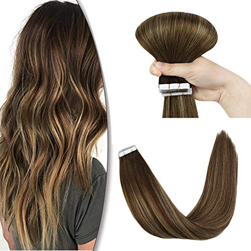 YoungSee 14inch Tape in Human Hair Extensions Brown Tape in Extensions Balayage Hair Extensions Tape in Dark Brown Mixed Caramel Blonde Seamless Tape Extensions Human Hair 20Pcs 50G