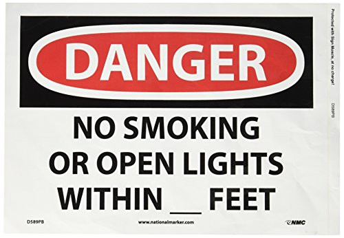NMC D589PB OSHA Sign, Legend "DANGER - NO SMOKING OR OPEN LIGHTS WITHIN _ FEET", 14" Length x 10" Height, Pressure Sensitive Vinyl, Black/Red on White NMC D589PB OSHA Sign, Legend "DANGER - NO SMOKING OR OPEN LIGHTS WITHIN _ FEET", 14" Length x 10" Height, Pressure Sensitive Vinyl, Black/Red on White