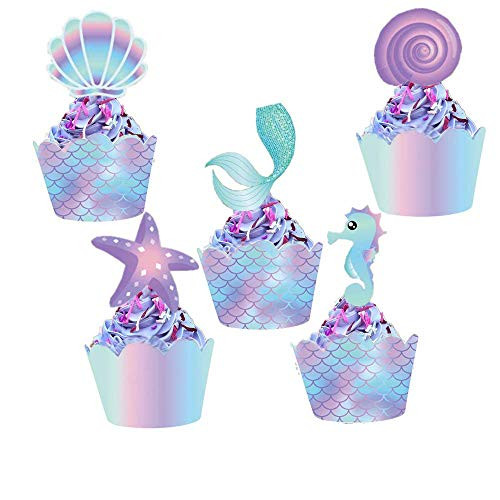 Mermaid Cupcake Toppers and Wrappers, 40 pcs Double Side Little Mermaid Theme Decoration,Under The Sea Theme, Baby Shower Birthday Party Favor Mermaid Cupcake Toppers and Wrappers, 40 pcs Double Side Little Mermaid Theme Decoration,Under The Sea Theme, Baby Shower Birthday Party Favor