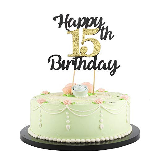 LVEUD Happy Birthday Cake Topper Black Font Golden Numbers 15th Birthday Happy Cake Topper -Birthday Party Decorations (15th)