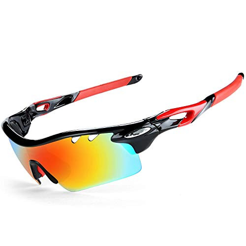 JOGVELO Polarized Sports Sunglasses,Cycling Glasses Men with 5 Interchangeable Lenes, Red