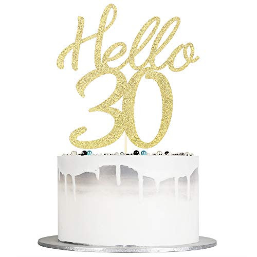 Auteby Hello 30 Cake Topper - Gold Glitter Cake Topper for 30th Birthday Anniversary Party Decorations Supplies