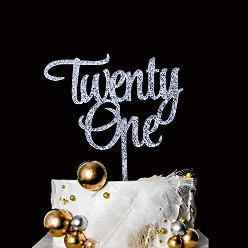 YUINYO Double-sided 21th Birthday Cake Topper Silver 21th Birthday Party Decoration Supplies Calligraphy Bling Cake Decoration Sign Party Banner