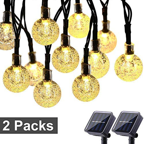 Toodour Solar String Lights 50 LED 29.5ft Solar Patio Lights with 8 Modes, Waterproof Crystal Ball String Lights for Patio, Lawn, Party, Wedding, Garden Decorations (Warm White, 2 Pack)