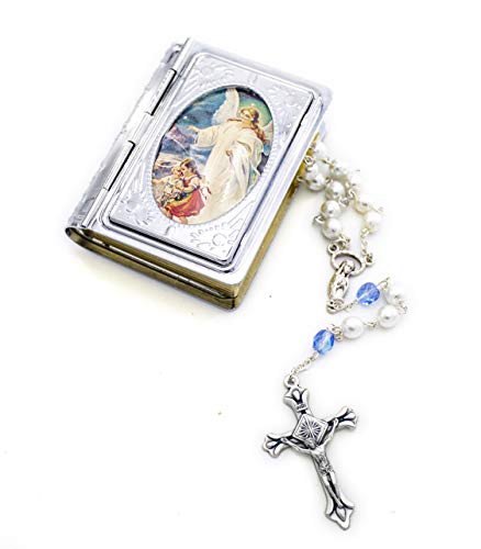 Guardian Angel Bible Rosary Box and Rosary Necklace Gift Set. Includes Silver Metal Bible Book Rosary Case with White and Light Blue beads Silver Metal Rosary