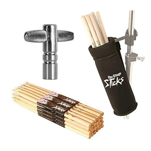 On Stage 12 Pair Maple Wood 5B Durable Drum Sticks with Wood Tip + Drum Stick Holder + Drum Key