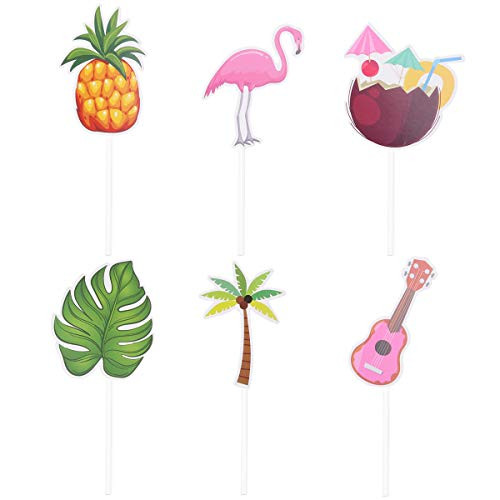 Amosfun 48pcs Flamingo Cupcake Toppers Luau Hawaiian Tropical Cake Toppers Pineapple Flamingo Food Decoration Decoration Party Supplies
