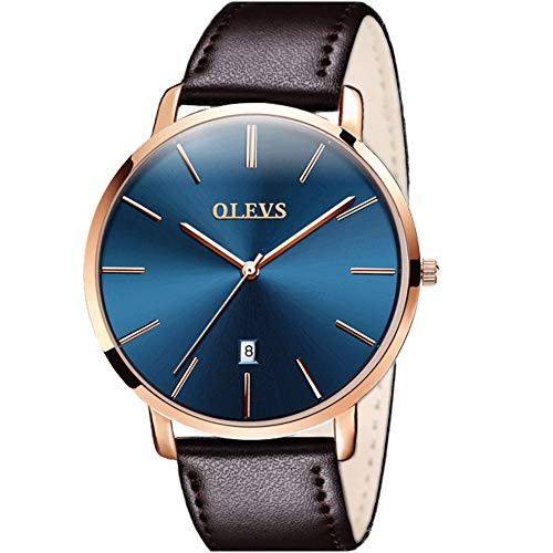 Men's Watch Leather Ultra Thin OLEVS Brand Minimalist Calendar Business Casual Dress Watches Analog Quartz Wrist Watch Gifts (Rose Gold & Blue)