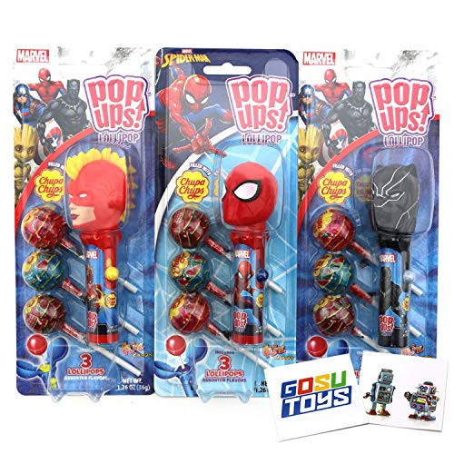 Marvel Avengers Black Panther, Spiderman and Captain Marvel Pop Ups Lollipop Case Holder with Chupa Chups Lollipops and 2 GosuToys Stickers (3 Pack)