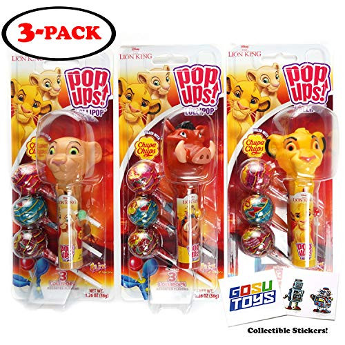 Disney The Lion King Pop Ups Lollipop (3 Pack) 9 Lollipops (Assorted Flavors) with 2 GosuToys Stickers