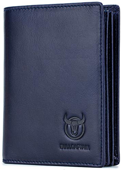 BULLCAPTAIN Genuine Leather Men Wallet RFID Blocking Bifold Wallets ID Window Credit Card Holder (Blue)