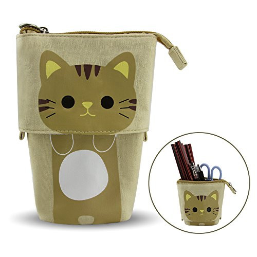 Pencil Holder, Cartoon Cute Cat Pencil Case Telescopic Canvas Pencil Pouch Multifunctional Stationery Zipper Pen Case Box for Girls & Kids(Brown)