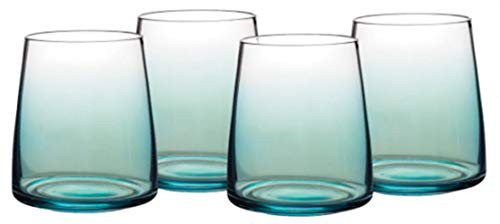 Portmeirion Glassware - Atrium 4 Piece Set of Ombre Teal Stemless 13oz Wine Glasses - Stout Glasses for Any Wines or Cocktails