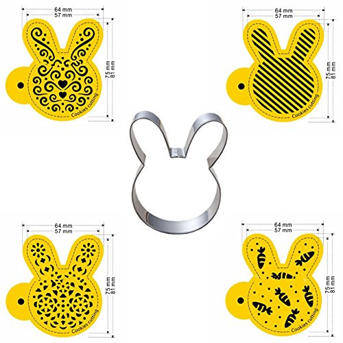 Efivs Arts Easter Rabbit Cookie Fondant Cutter and 4 Set Stencils Stainless Steel Biscuit Cake Molds