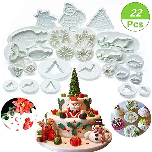 (Set of 22) Christmas Cookie Cutter Set, Fondant Plunger Cutters and Molds for Cupcake Cake Topper Decorating Embossing Tools, Snowflake Christmas Tree/Leaves/Sled/Snowman/Jingling Bell/Deer