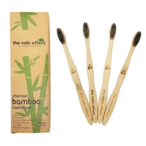 NABI Brush | Zero Waste Bamboo Toothbrush | Pack of 4 | Eco Friendly, Sustainable & Natural | Super Soft Charcoal Bristles for Whitening & Sensitive Gums | Great for Travel & Camping