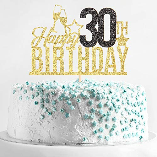 Happy 30th Birthday Cake Topper - Thirty-year-old Cake Topper, 30th Birthday Cake Decoration, 30th Birthday Party Decoration (Gold and Black)