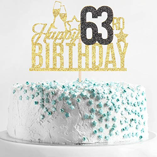 Happy 63rd Birthday Cake Topper - Sixty three-year-old Cake Topper, 63rd Birthday Cake Decoration, 63rd Birthday Party Decoration (Gold and Black)