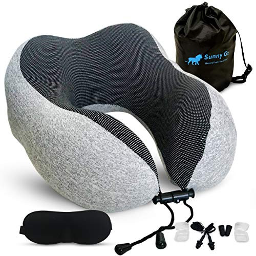 Sunny Gx Travel Pillow - 100% Pure Memory Foam Neck Pillow, Airplane Travel Kit with 3D Contoured Eye Masks, Earplugs, Luxury Bag, Cell Pocket, Comfortable & Breathable Cover, Machine Washable, Grey