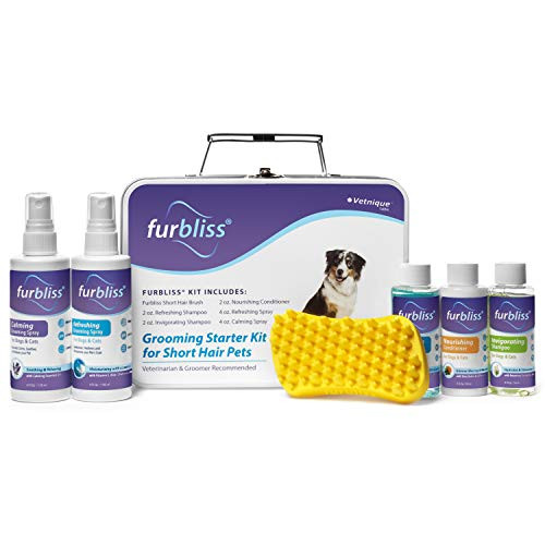 Furbliss Grooming Kit for Dogs, Cats and Pets, Includes Cat/Dog Shampoo, Cat/Dog Conditioner, Cologne Grooming Sprays and Brush (Short Hair) - by Vetnique Labs