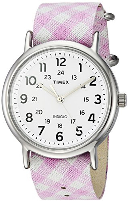 Timex Women's TW2R24200 Weekender Pink Gingham Nylon Slip-Thru Strap Watch