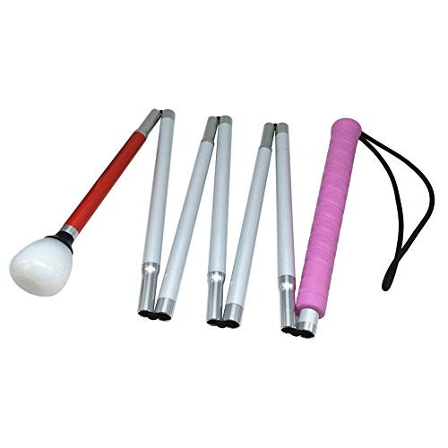 7-Section Aluminum Blind Cane,Reflective White and Red, Folding Walking Stick for Blind People (Pink Handle, 140cm (55 inch))