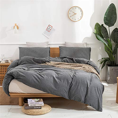 Janlive Washed Cotton Duvet Cover Queen Ultra Soft 100% Natural Cotton Solid Gray Duvet Cover Set with Zipper Closure -3 Pieces Grey Queen